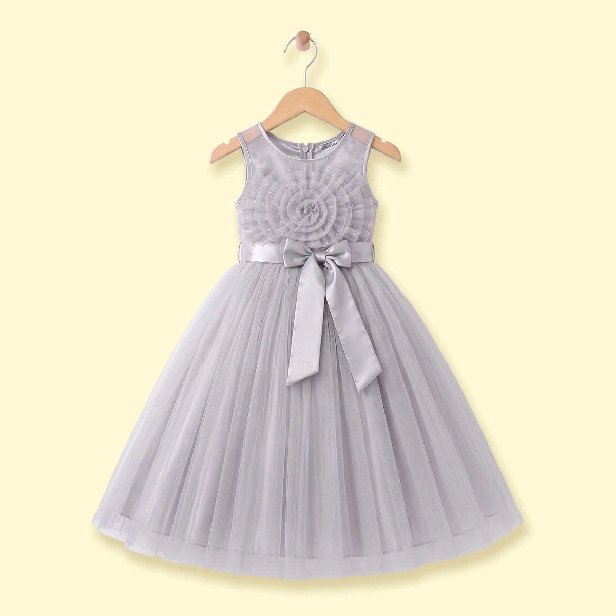 Girls light grey party gown with 3d flower applique detail