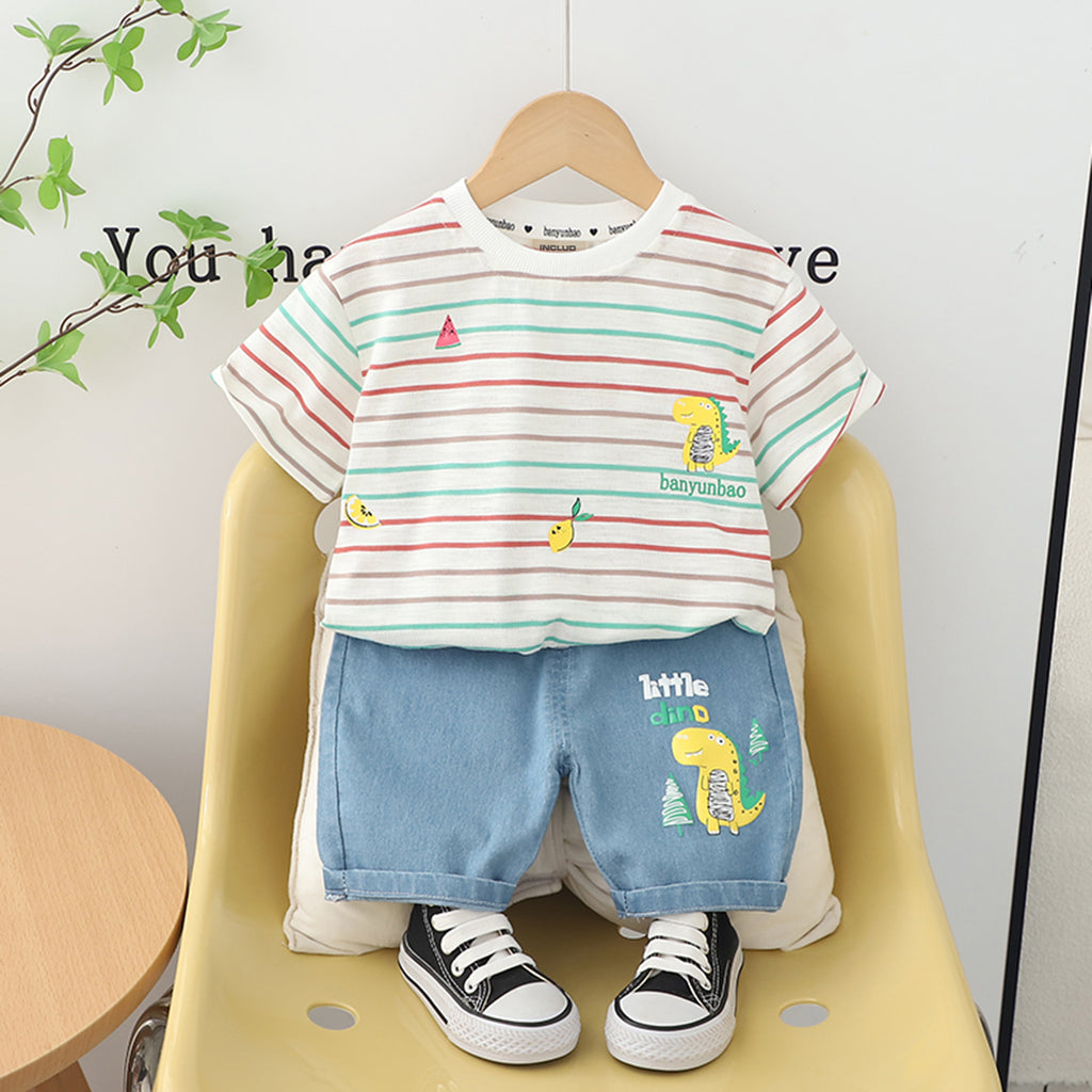 Boys White Striped T-Shirt With Denim Shorts Sets Sets