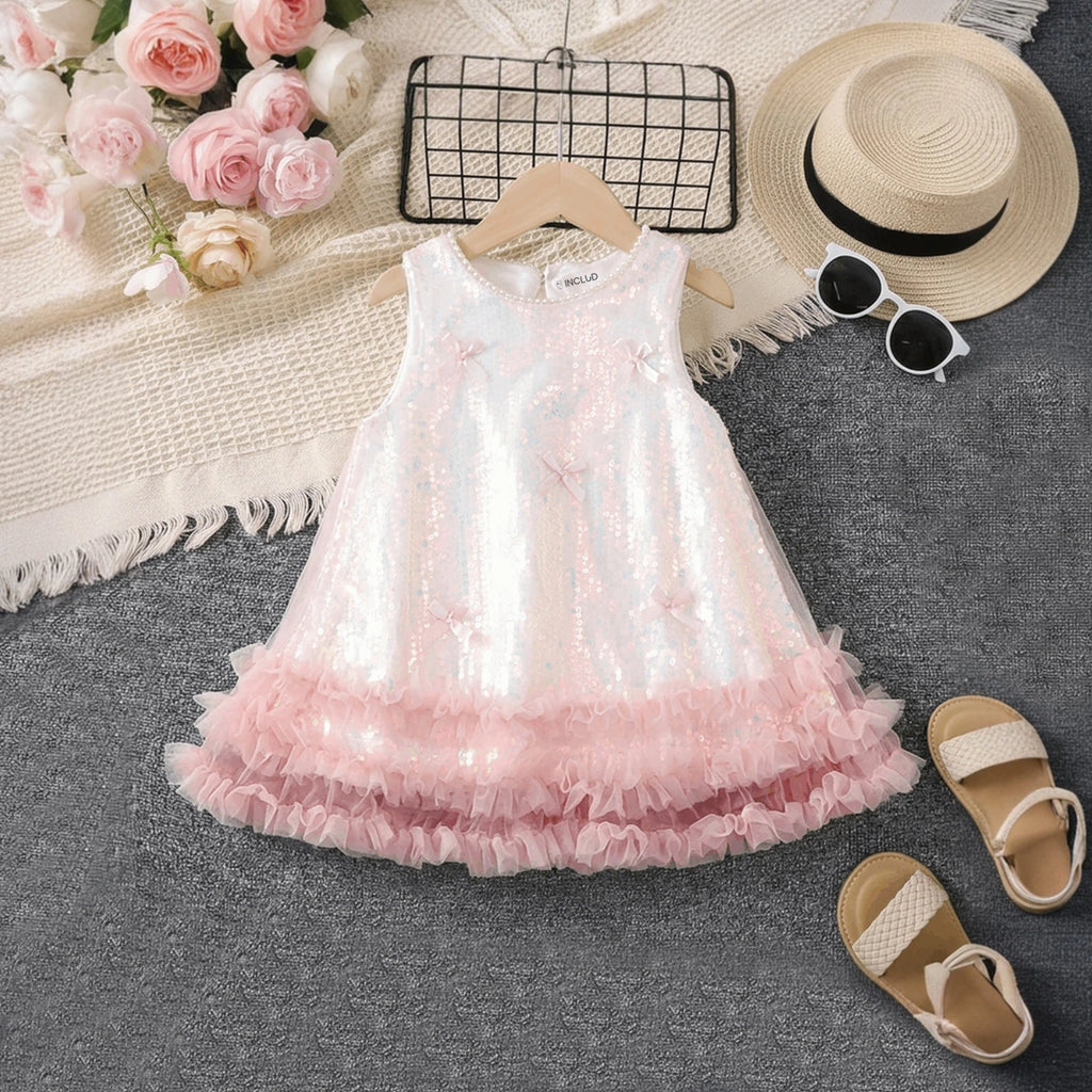 Girls Light Pink Sequins Embellished Sleeveless Flared Party Dress Party Dresses Light Pink 1-2 Y