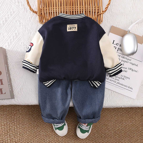 Boys Navy Blue Printed Varsity Jacket with Printed T-shirt & Jeans Set Sets