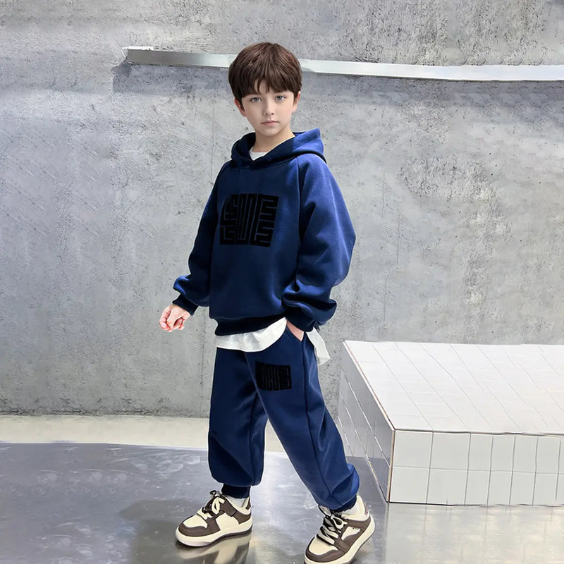Boys Blue Abstract Printed Hooded Oversized Sweatshirt With Jogger Sets Sets