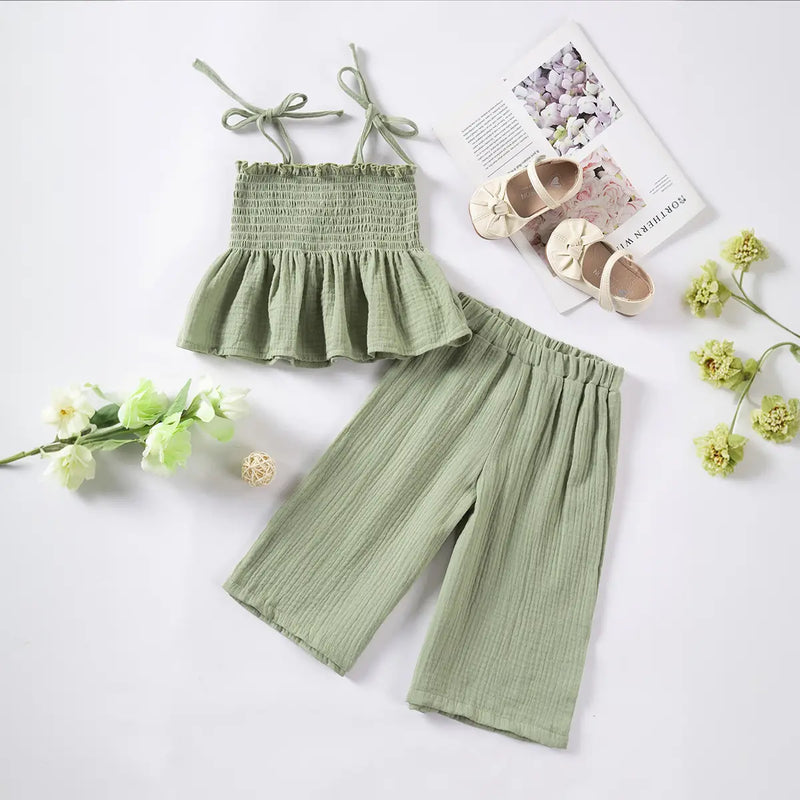 Girls Green Sleeveless Smocked Peplum Top With Cropped Pants Co-ord Sets Sets Green 1-2 Y