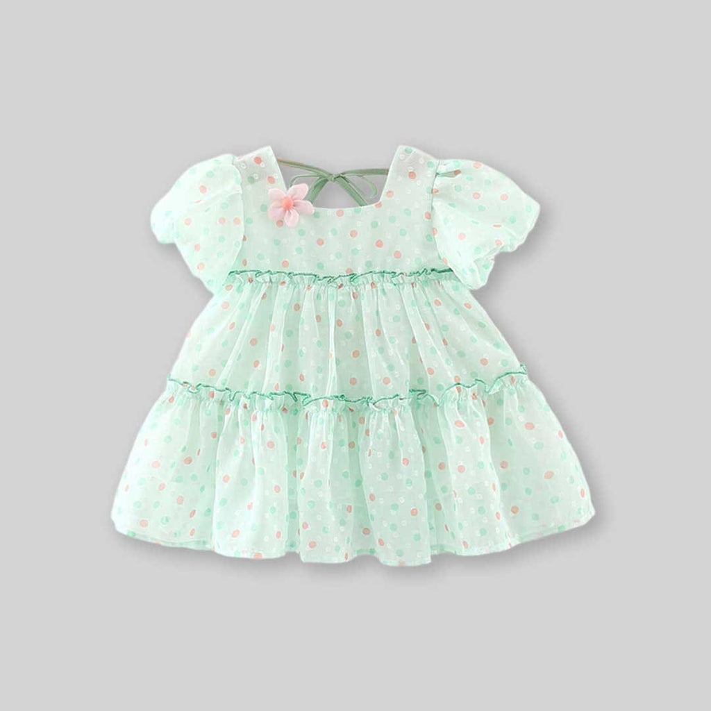 Girls Polka Dot Print Puff Sleeves Dress With Flower Applique