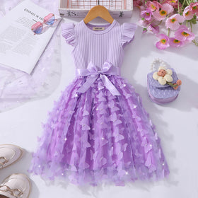 Girls Purple Butterfly Applique Flutter Sleeves Fit And Flared Dress Casual Dresses Purple 3-4 Y