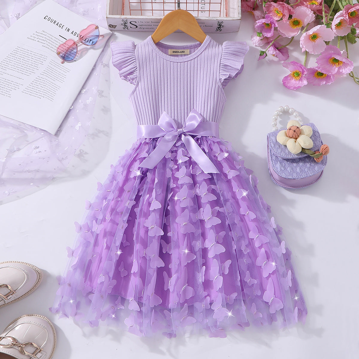 Girls Purple Butterfly Applique Flutter Sleeves Fit And Flared Dress Casual Dresses Purple 3-4 Y