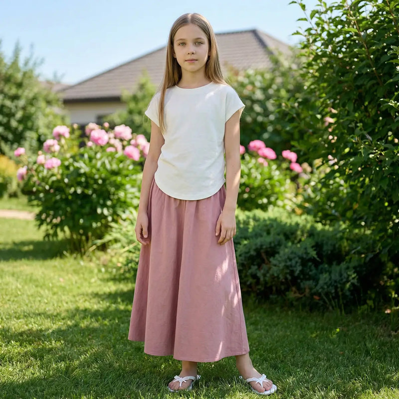 Girls Solid Short Sleeves Ruched Top With Pink Wide -Leg Pant Sets Sets Pink 5-6 Y