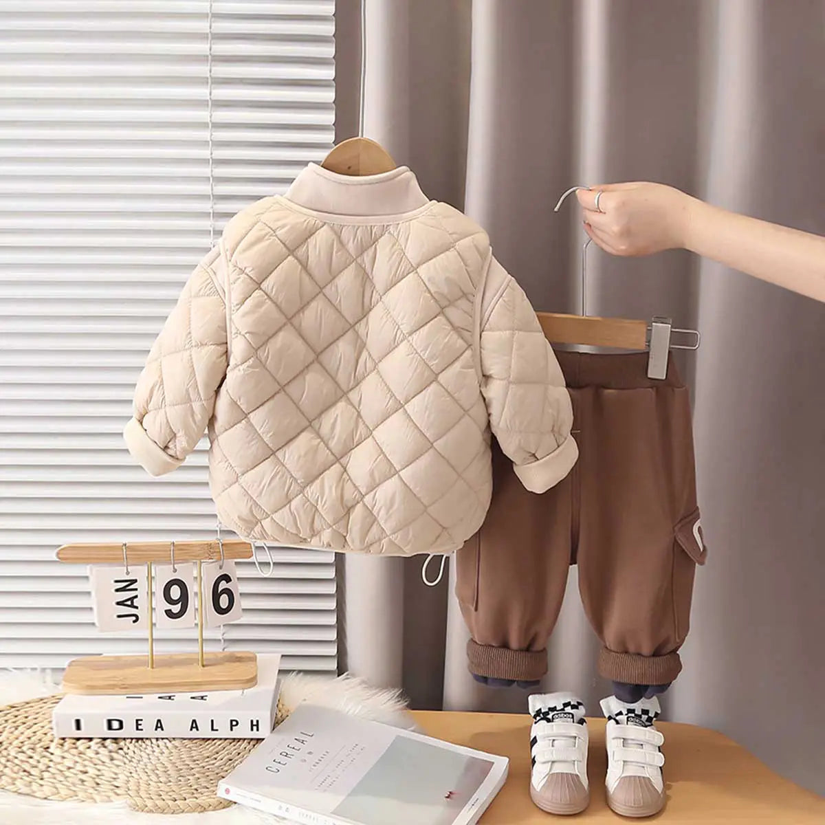 Boys Beige Long Sleeve Fleece Jacket With Quilted Vest & Jogger Sets Sets