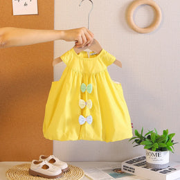 Girls Yellow Bow Applique Sleeveless Balloon Dress Casual Dresses Yellow 1-2 Y