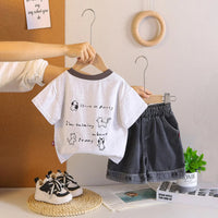 Boys Grey Animals Printed Short Sleeves T-Shirt With Denim Shorts Sets Sets