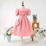 Girls Pink Puff Sleeve Fit & Flare Textured Dress