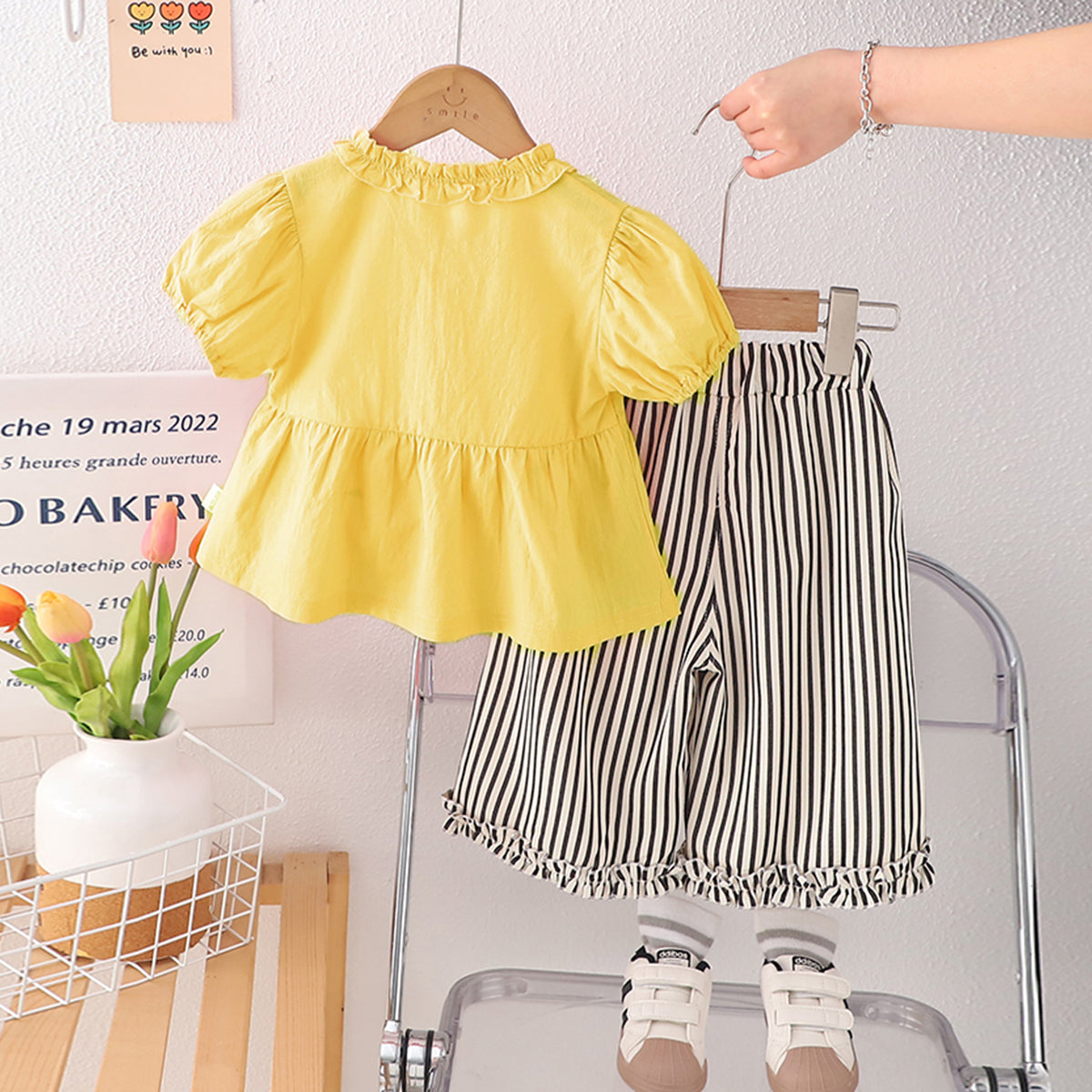 Girls Yellow Puff Sleeves Frilled Neck Peplum Top With Striped Pants Set 2 pc. Sets
