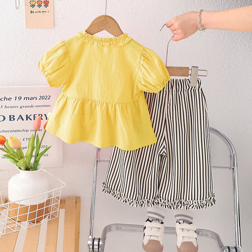 Girls Yellow Puff Sleeves Frilled Neck Peplum Top With Striped Pants Set 2 pc. Sets
