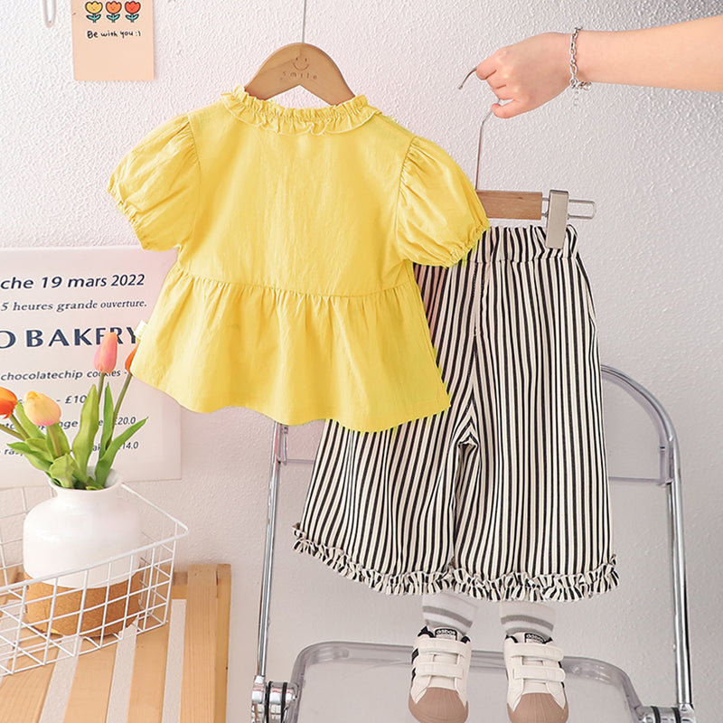 Girls Yellow Puff Sleeves Frilled Neck Peplum Top With Striped Pants Set 2 pc. Sets