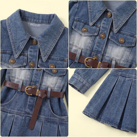 Girls Blue Denim Pleated A-line Dress Casual Dresses