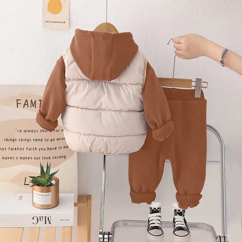 Boys Brown Fleece Hooded Zipper Jacket With Puffer Vest & Jogger Sets Sets