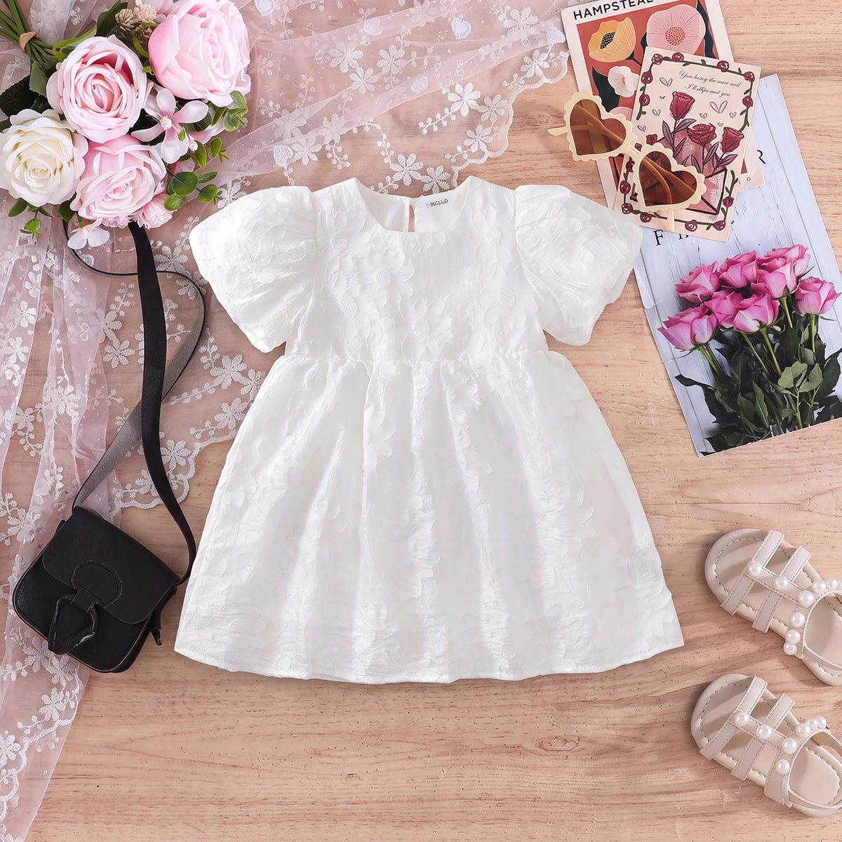 Girls White Self-Design Puff Sleeve Fit & Flare Dress Casual Dresses White 1-2 Y