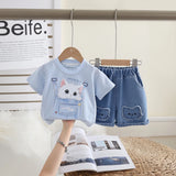 Girls Blue Cat Motif Short Sleeve T-Shirt With Denim Shorts Sets