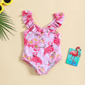 Girls Pink Flamingo Printed Sleeveless Swimwear Bodysuit Beachwear Pink 1-2 Y
