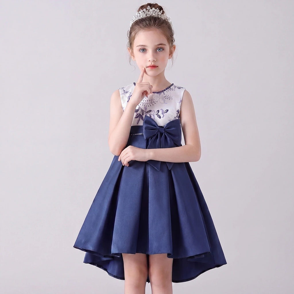 Girls Navy Blue Embroidered Sleeveless High-Low Party Wear Dress Party Dresses