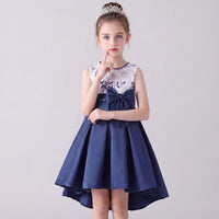 Girls Navy Blue Embroidered Sleeveless High-Low Party Wear Dress Party Dresses