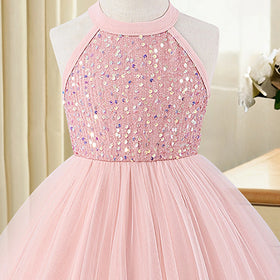 Girls Light Pink Sequin Embellished Sleeveless Fit & Flare Dress Casual Dresses