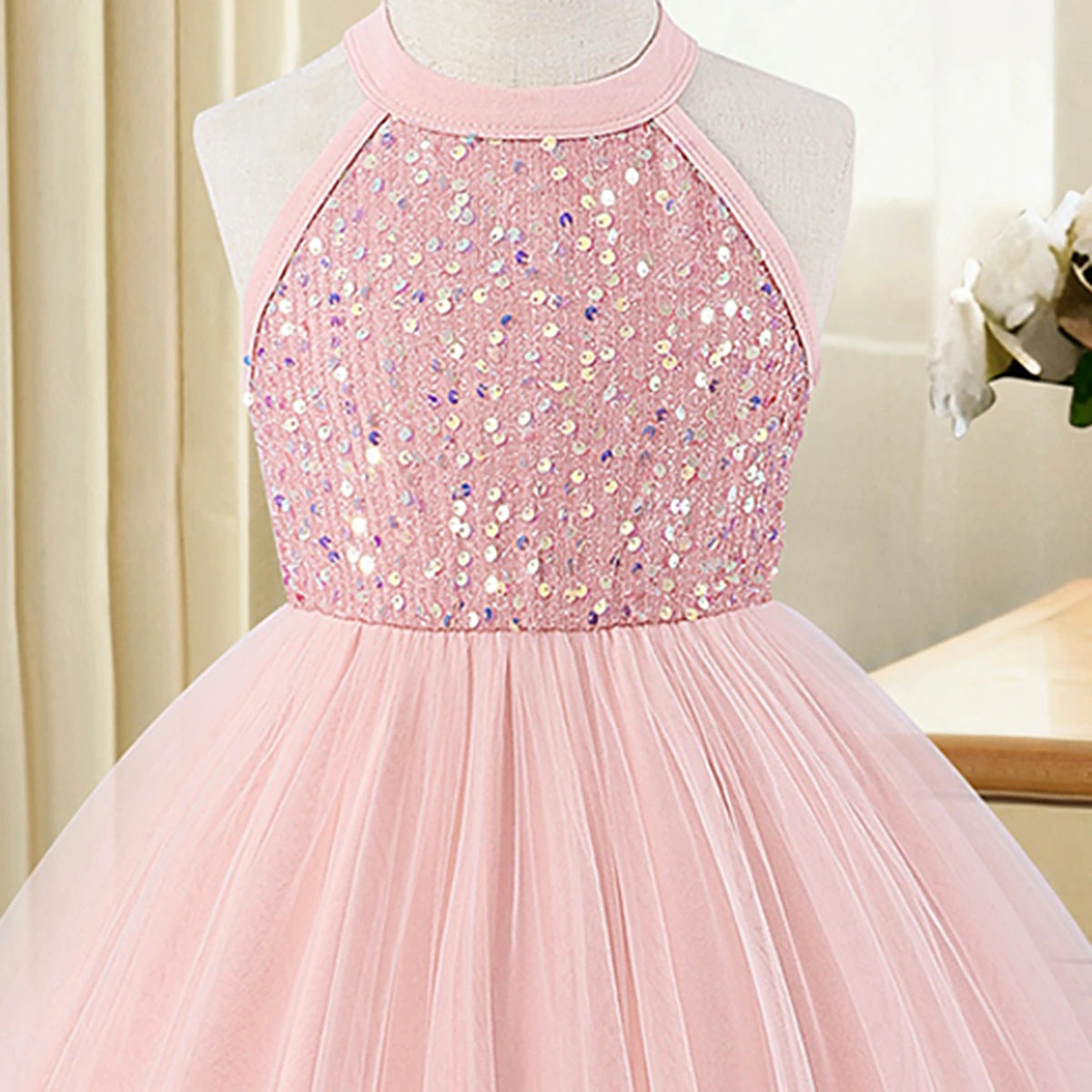 Girls Light Pink Sequin Embellished Sleeveless Fit & Flare Dress Casual Dresses