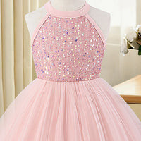 Girls Light Pink Sequin Embellished Sleeveless Fit & Flare Dress Casual Dresses