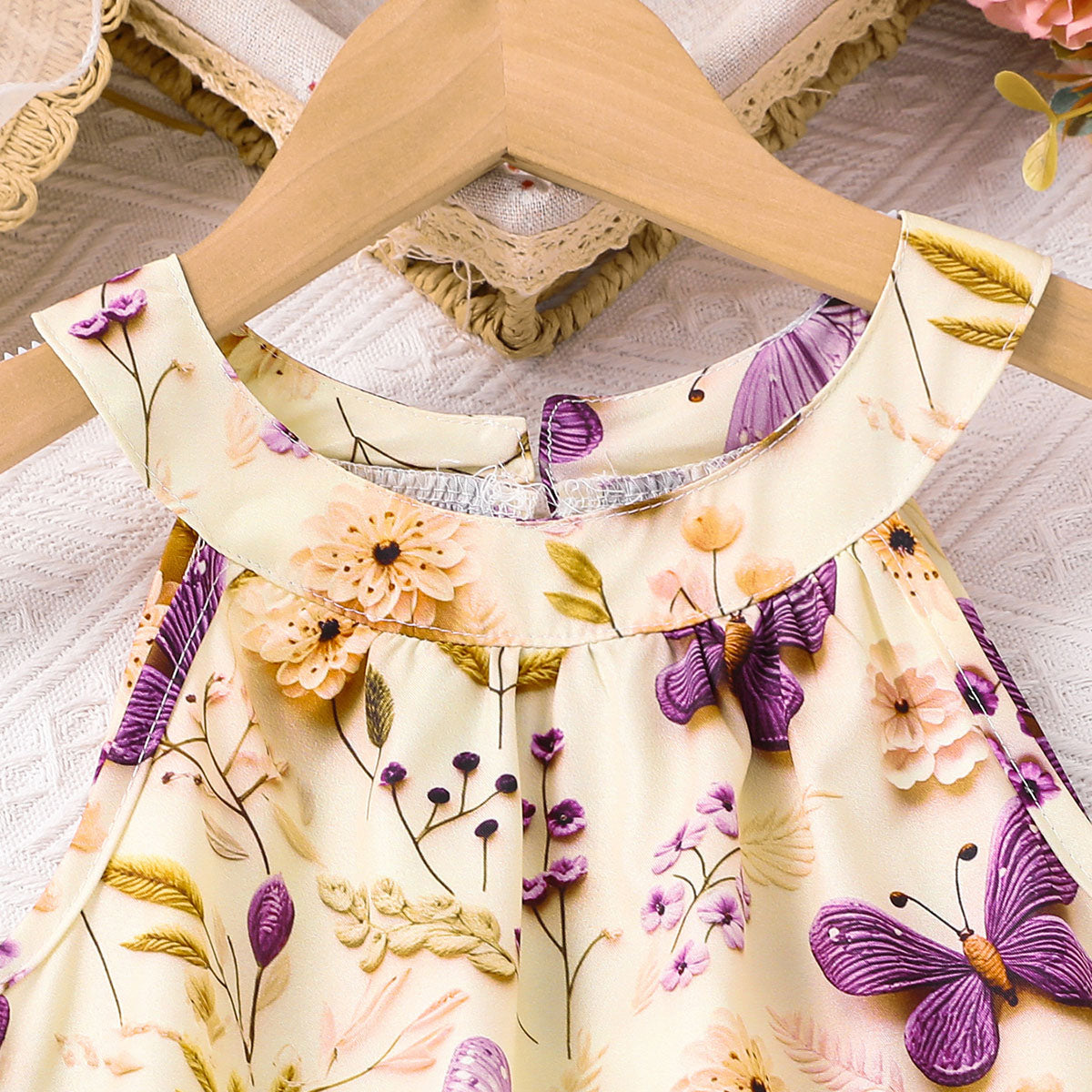 Girls Multicolor Butterfly Printed Halter Neck Sleeveless A-Line Dress Casual Dresses
