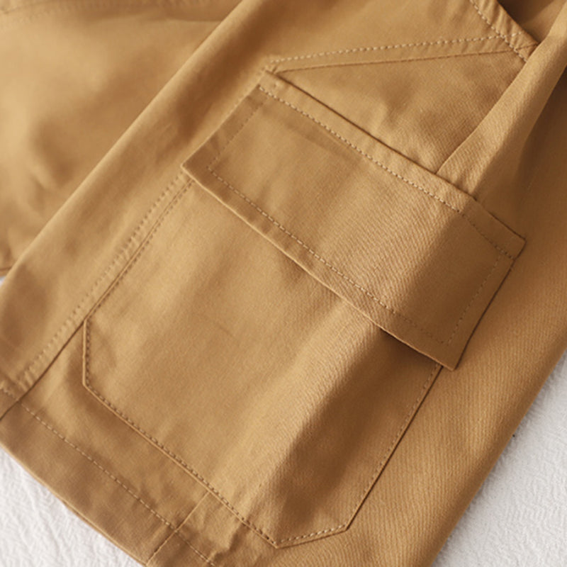 Boys Khaki Color-Blocked Shirt With T-Shirt And Cargo Shorts Set Sets