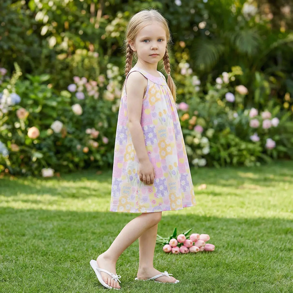 Girls Pink Floral Print Sleeveless A-line Dress Casual Dresses