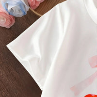 Girls White Cherry Print Short Sleeves T-Shirt With Gingham Shorts Set Sets