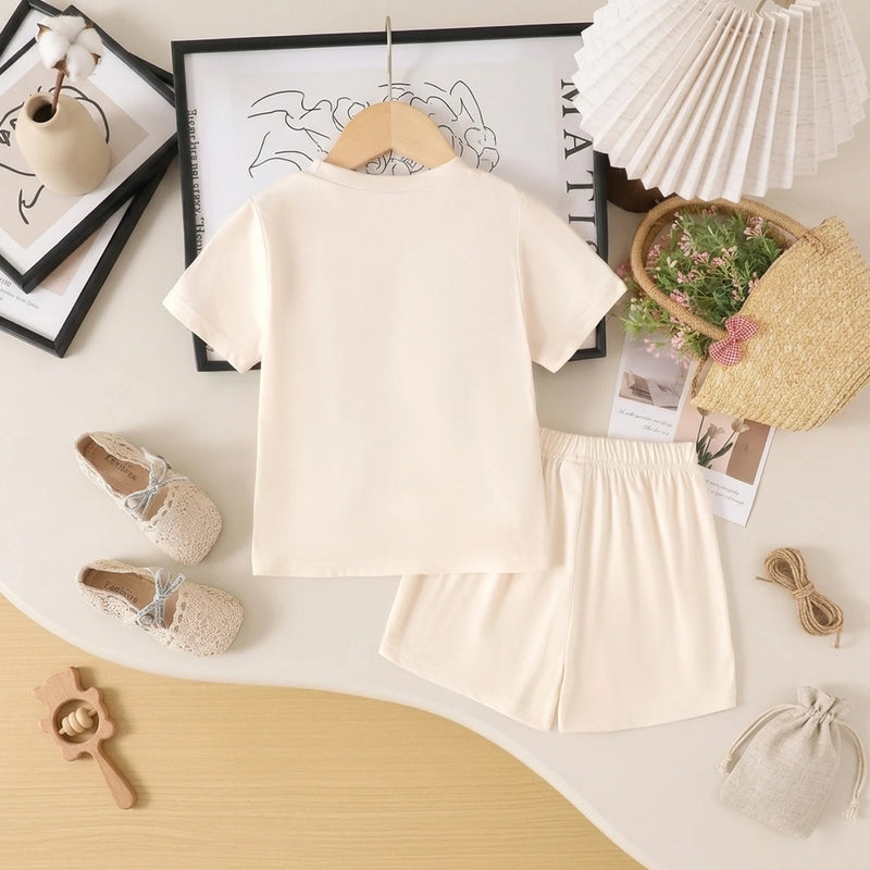 Girls Apricot Floral Applique Short Sleeve T-Shirt With Elasticated Shorts Sets 2 pc. Sets