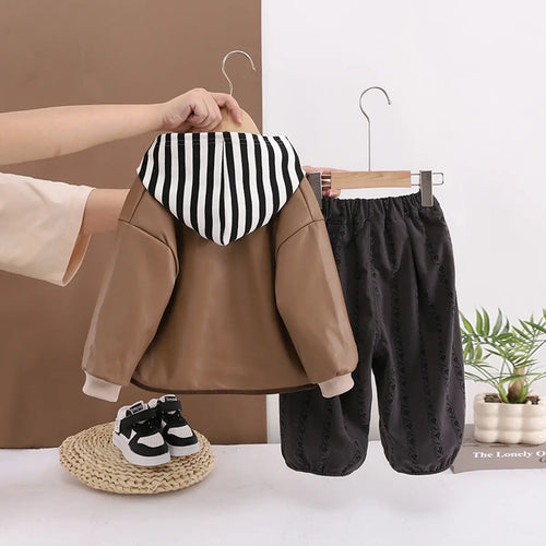 Boys Brown Solid Faux Lather Jacket With Hooded Sweatshirt & Pants Set Sets