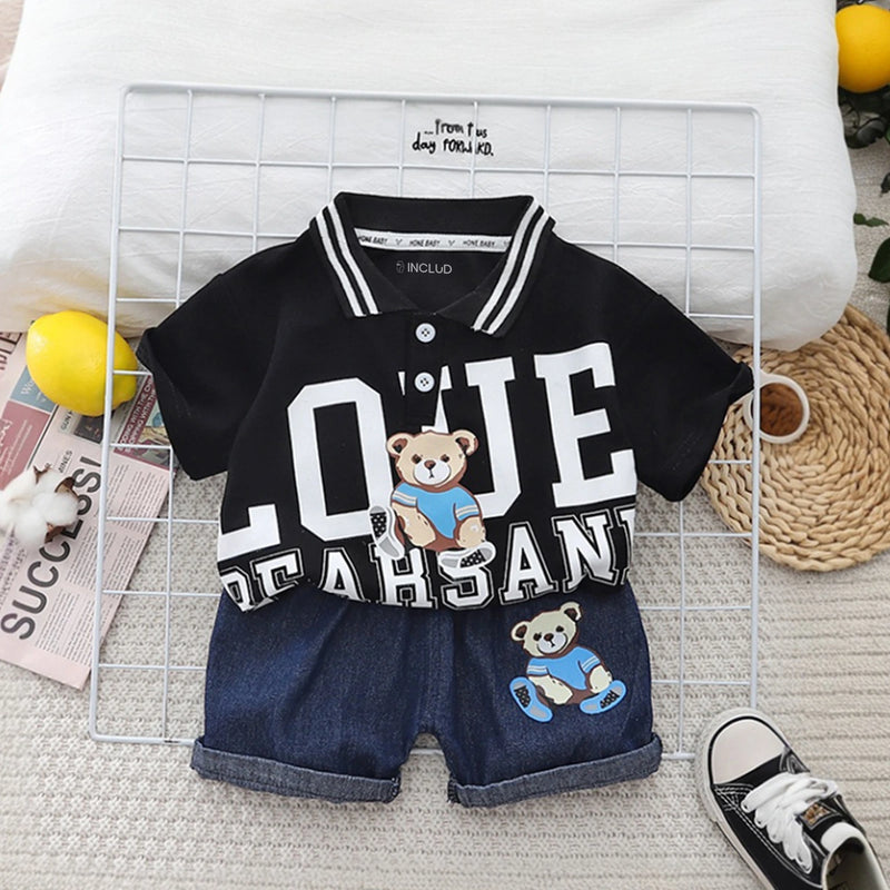 Boys Black Bear Printed Polo Polo T-Shirt With Denim Shorts Sets 2 pc. Sets Black 1-2 Y