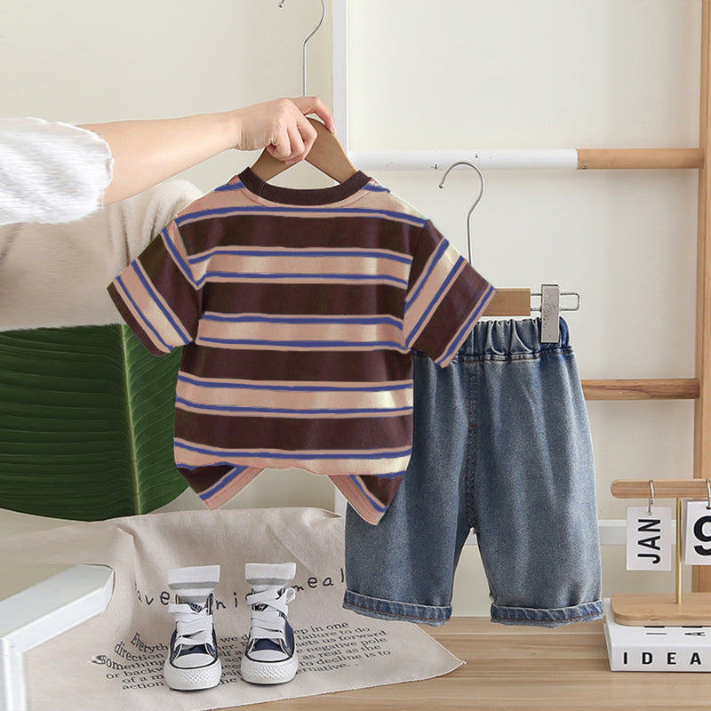 Boys Dark Brown Striped Short Sleeves T-Shirt With Denim Shorts Set 2 pc. Sets