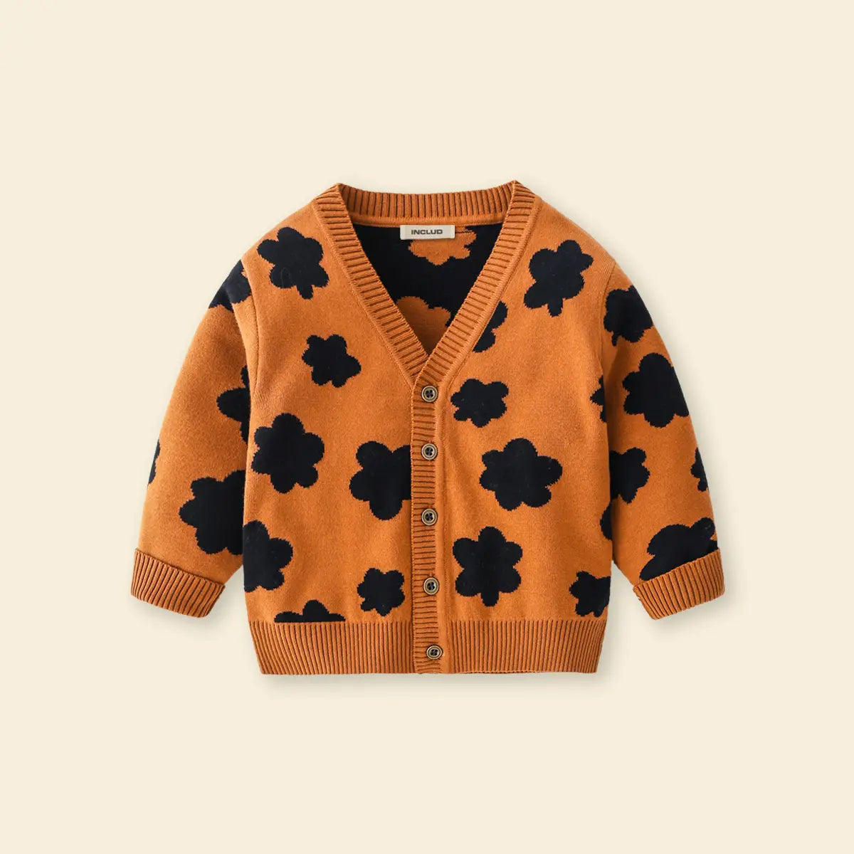 Boys Orange Self-Design Floral Pattern Knitted Cardigan Sweaters & Cardigans