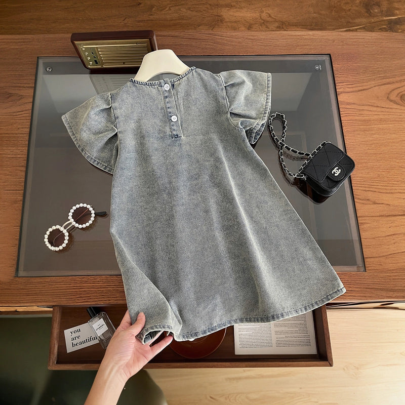 Girls Light Blue Flutter Sleeve A-line Denim Dress Casual Dresses
