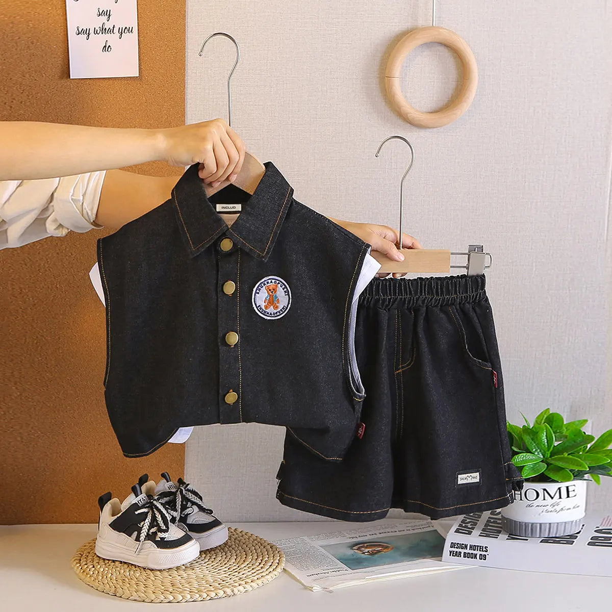 Boys Black Denim Sleeveless Jacket With Printed T-Shirt & Shorts Sets Sets Black 1-2 Y