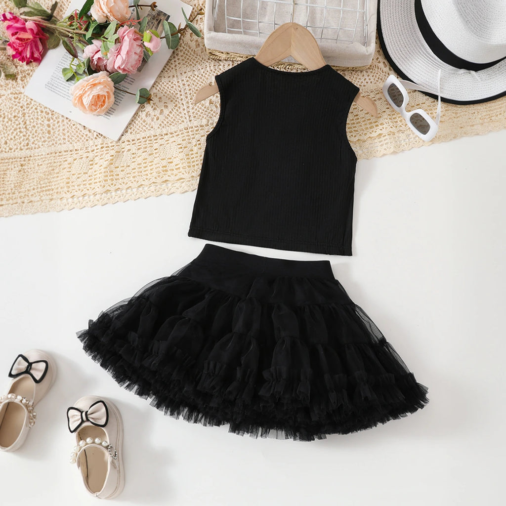 Girls 3D Flowers Applique Top With Black Tiered Tulle Skirts Set Sets