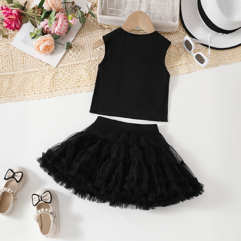 Girls 3D Flowers Applique Top With Black Tiered Tulle Skirts Set Sets