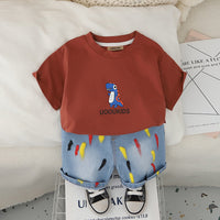 Boys Brown Dinosaur Graphic T-Shirt With Denim Shorts Set 2 pc. Sets Brown 1-2 Y