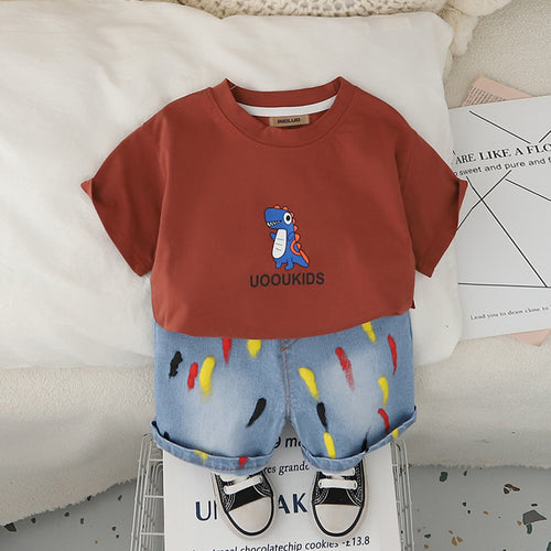 Boys Brown Dinosaur Graphic T-Shirt With Denim Shorts Set 2 pc. Sets Brown 1-2 Y