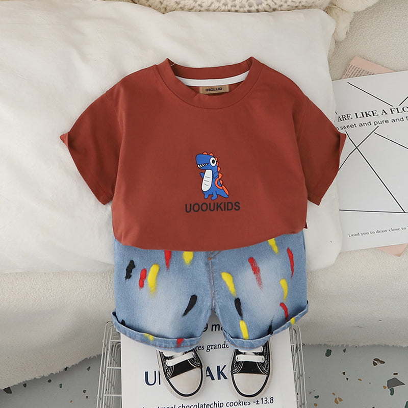 Boys Brown Dinosaur Graphic T-Shirt With Denim Shorts Set 2 pc. Sets Brown 1-2 Y
