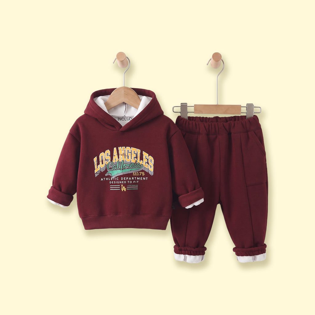 Boys Maroon Typographic Hooded Sweatshirt & Pants Sets Sets Maroon 1-2 Y