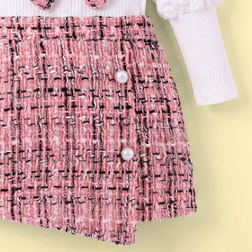 Girls Bow Applique Puff Sleeve Top With Pink Skirt Sets 2 pc. Sets