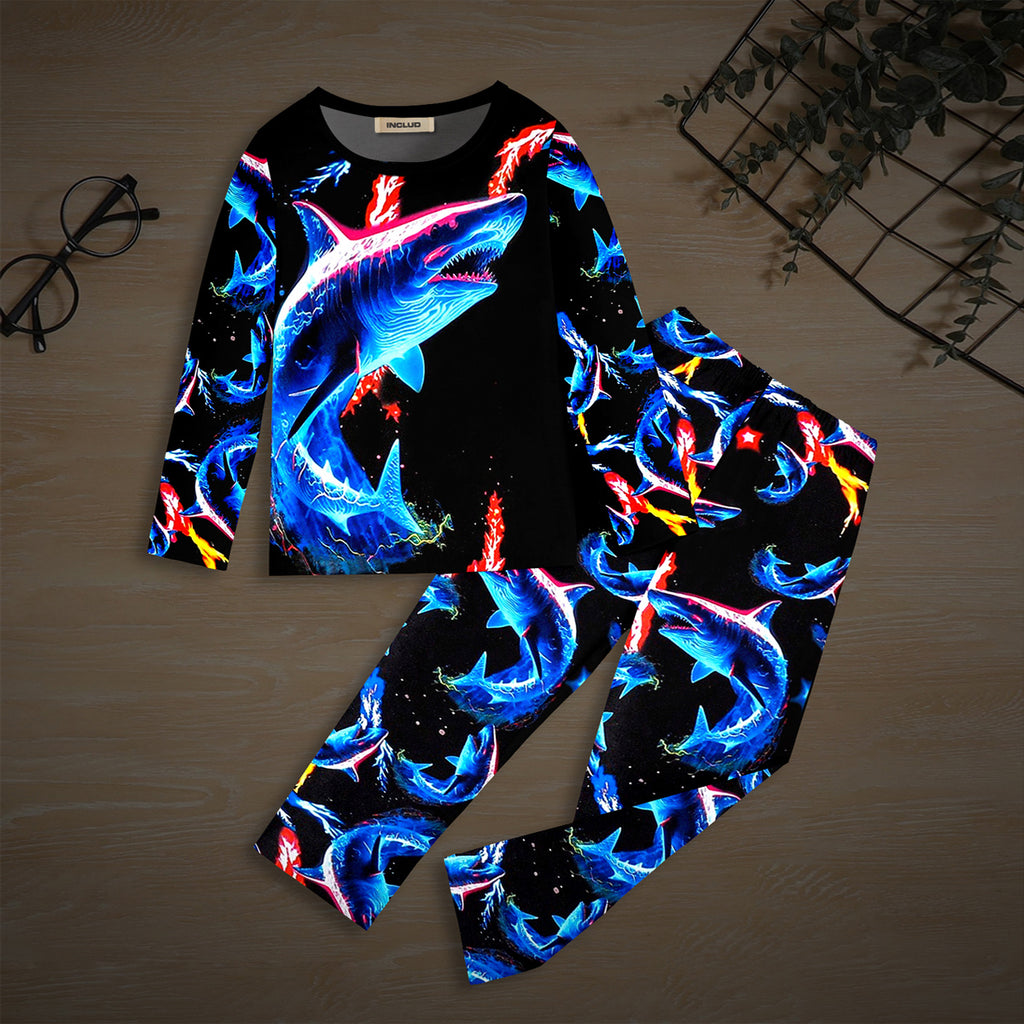 Boys Black Shark Printed Glow in the Dark T-Shirt & Pajama Winter Co-ord Set 2 pc. Sets Black 7-8 Y