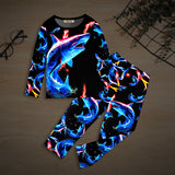 Boys Black Shark Printed Glow in the Dark T-Shirt & Pajama Winter Co-ord Set