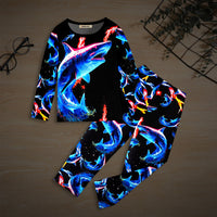 Boys Black Shark Printed Glow in the Dark T-Shirt & Pajama Winter Co-ord Set 2 pc. Sets Black 7-8 Y