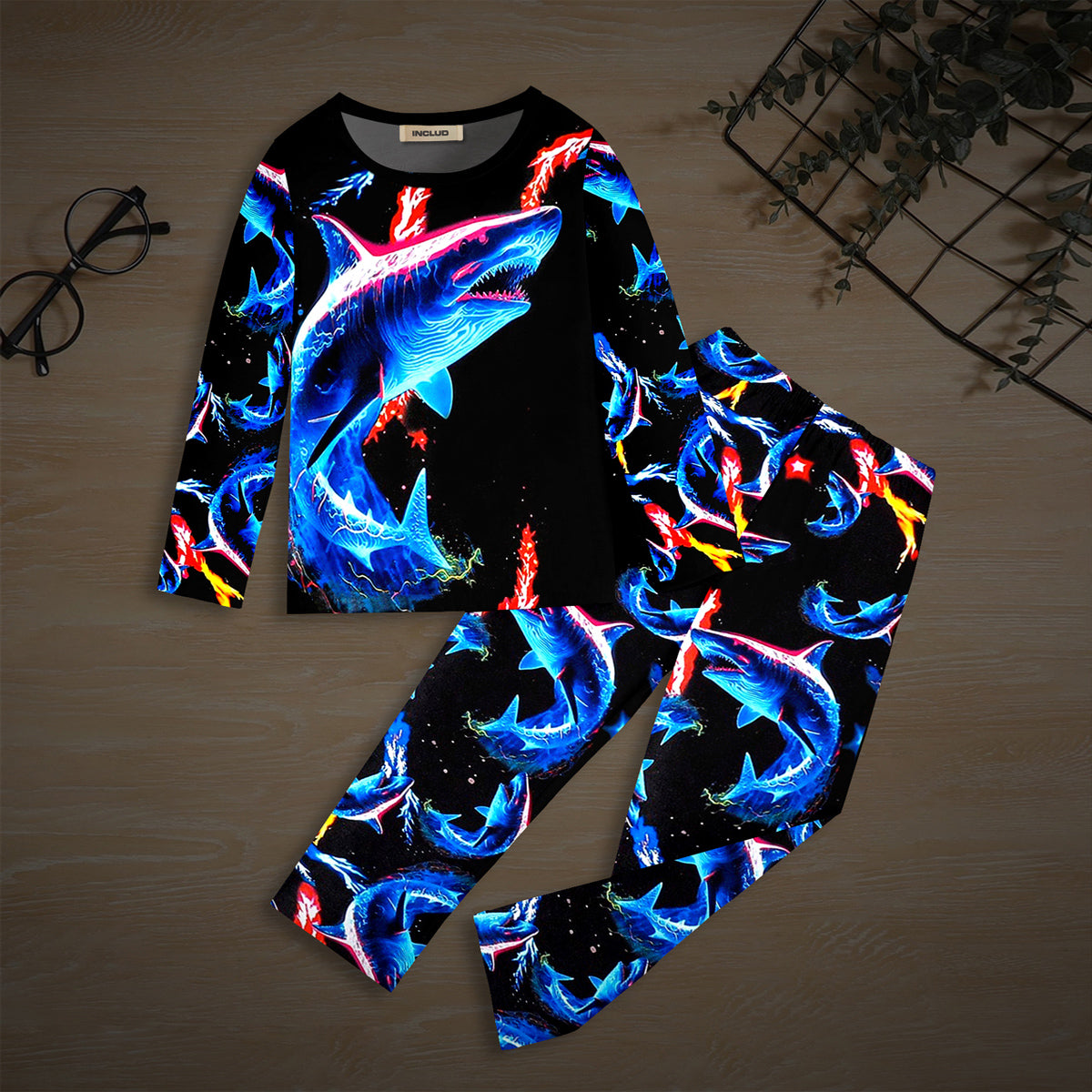 Boys Black Shark Printed Glow in the Dark T-Shirt & Pajama Winter Co-ord Set 2 pc. Sets Black 7-8 Y