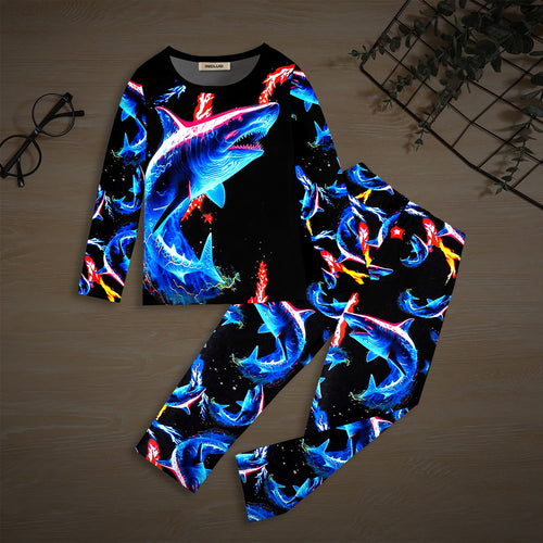 Boys Black Shark Printed Glow in the Dark T-Shirt & Pajama Winter Co-ord Set 2 pc. Sets Black 7-8 Y